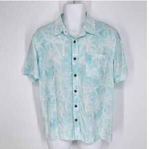 Margaritaville Mens Button Front Shirt Sz S Aqua Blue Palm Tree Polka Dots Aloha